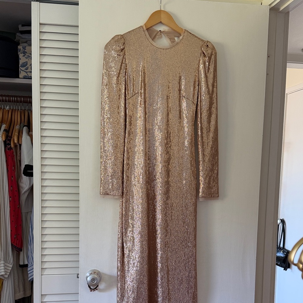 Rachel Zoe Sequin Long-Sleeve Evening Dress in Rose Gold